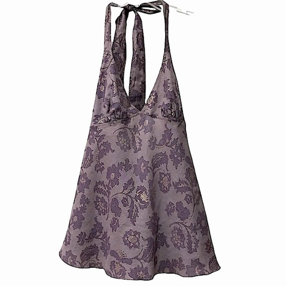 Y2K TOP SP BABYDOLL HALTER FLORAL SIZE PETITE LAVENDER PURPLE & GOLD NWO…